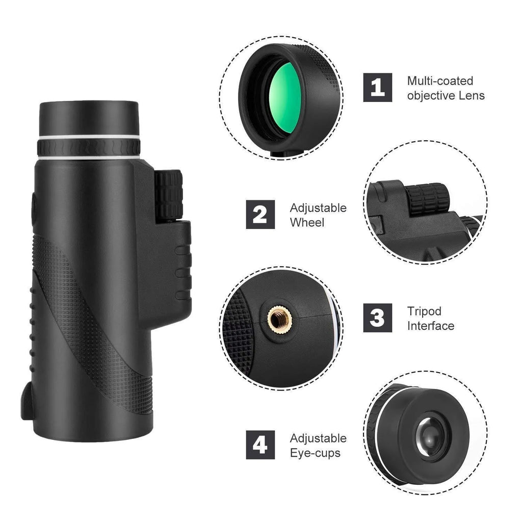 Black HD 40x60 cellphone telescope monocular with lens caps, showing its 144mm length.