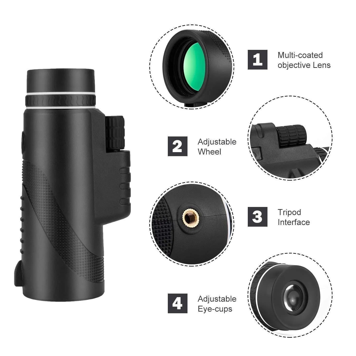 Black HD 40x60 cellphone telescope monocular with lens caps, showing its 144mm length.
