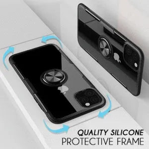Black PU and PC protective case fitted on an iPhone 11 Pro Max, showing button and port access.