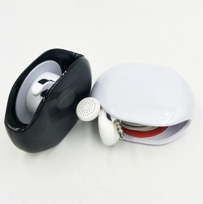 Automatic earphone cable winder retractor in blue, showing compact size next to a 3.5mm jack.