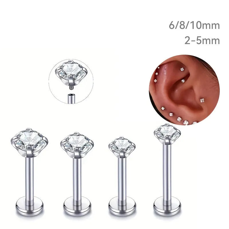 Anti allergic titanium alloy ear studs with internal thread and round zircon stone
