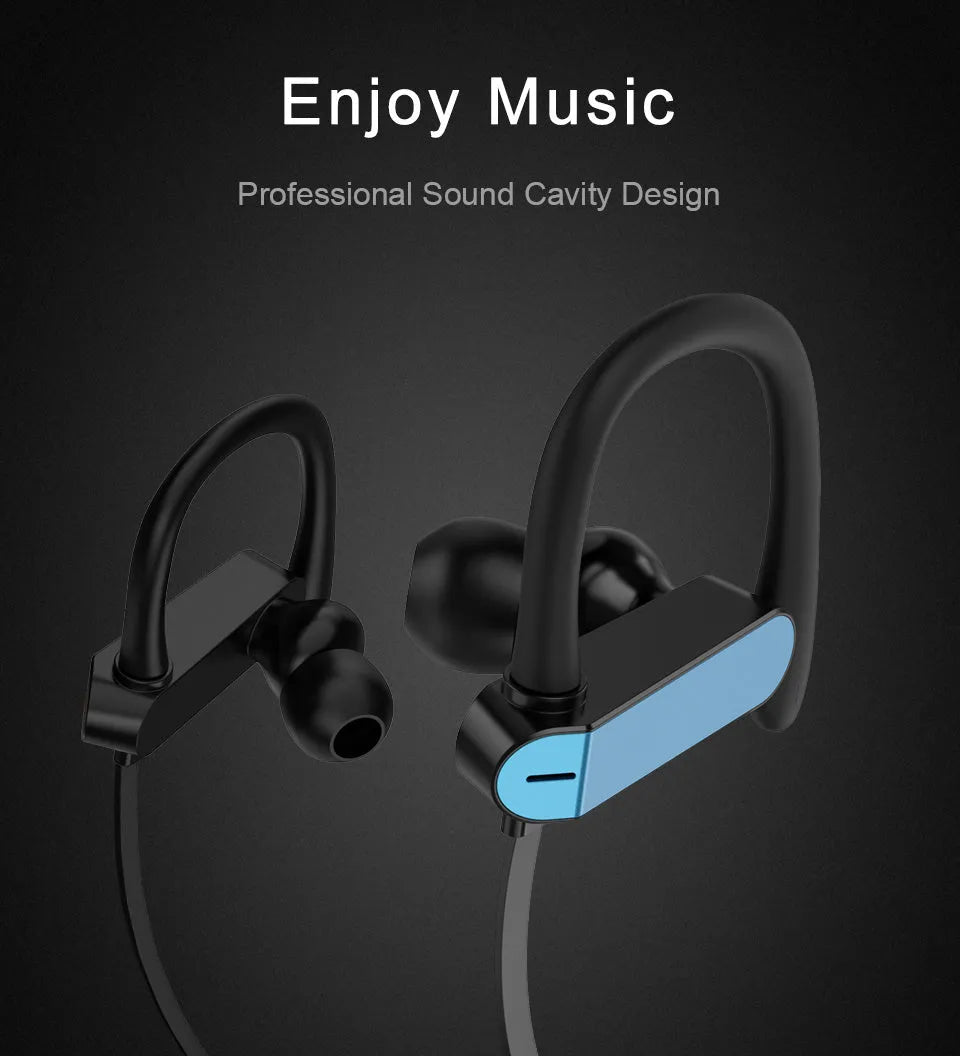 Sport running earbuds with ear hook anti-drop design in black blue colour option