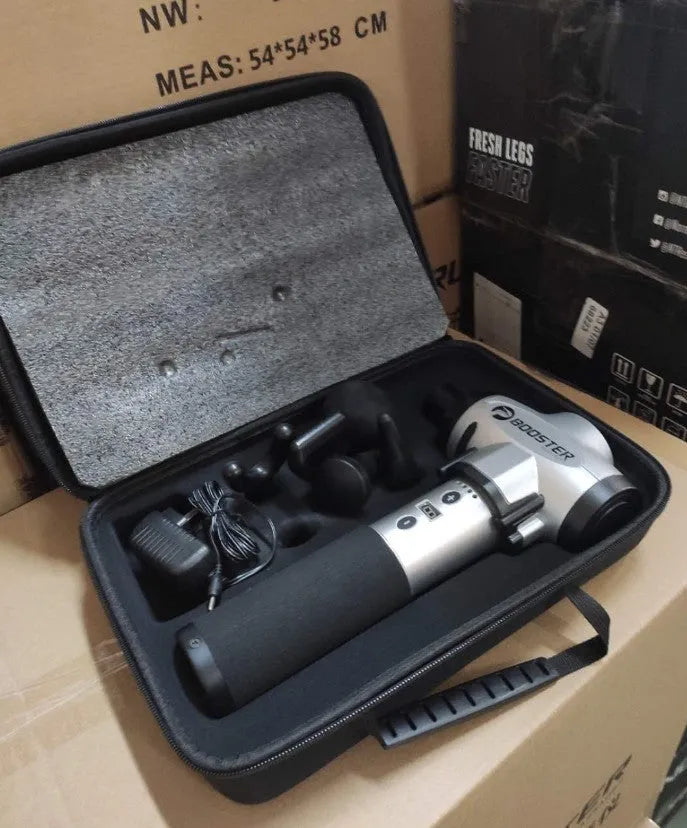 Black and white deep tissue massage gun with adjustable speed settings on display.