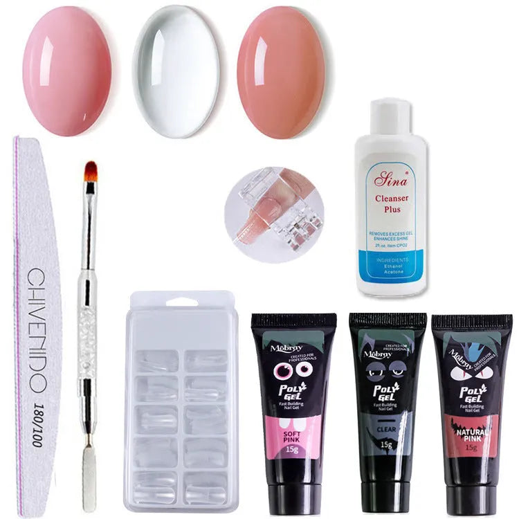 Nail crystal extender set with 3 gel polishes, brush, file, clamp, 30ml rinse and 100 nails