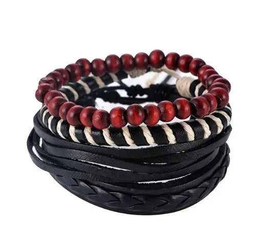 Handwoven adjustable leather bracelet with multilayer wooden beads and rope for a vintage punk style.