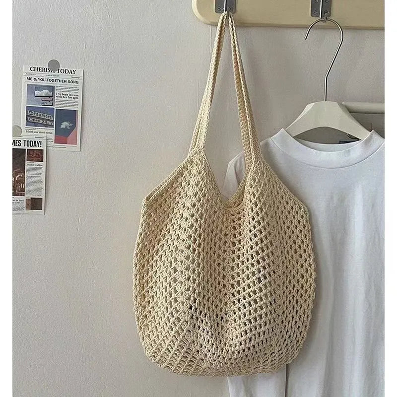 Hand-woven hollow shoulder bag in cotton and linen, beige colour, open pocket design with double straps