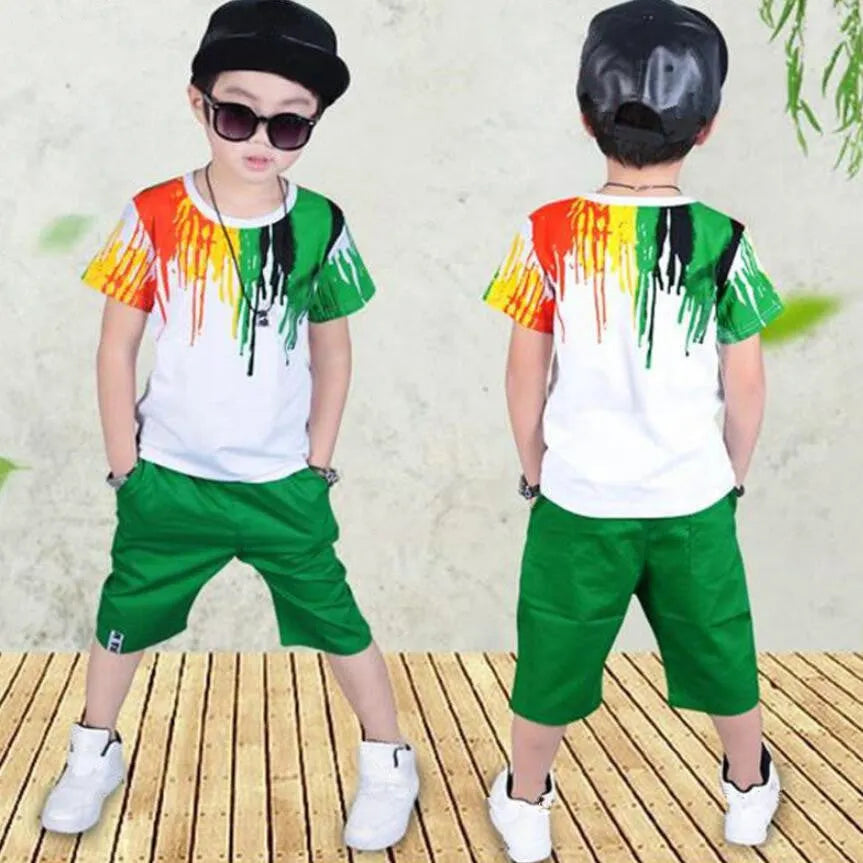 Childrens clothes set summer short sleeve top and shorts green orange Korean style boys 100-150cm