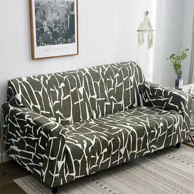 Printed geometric stretch sofa slipcover on double seat sofa in modern simplicity style