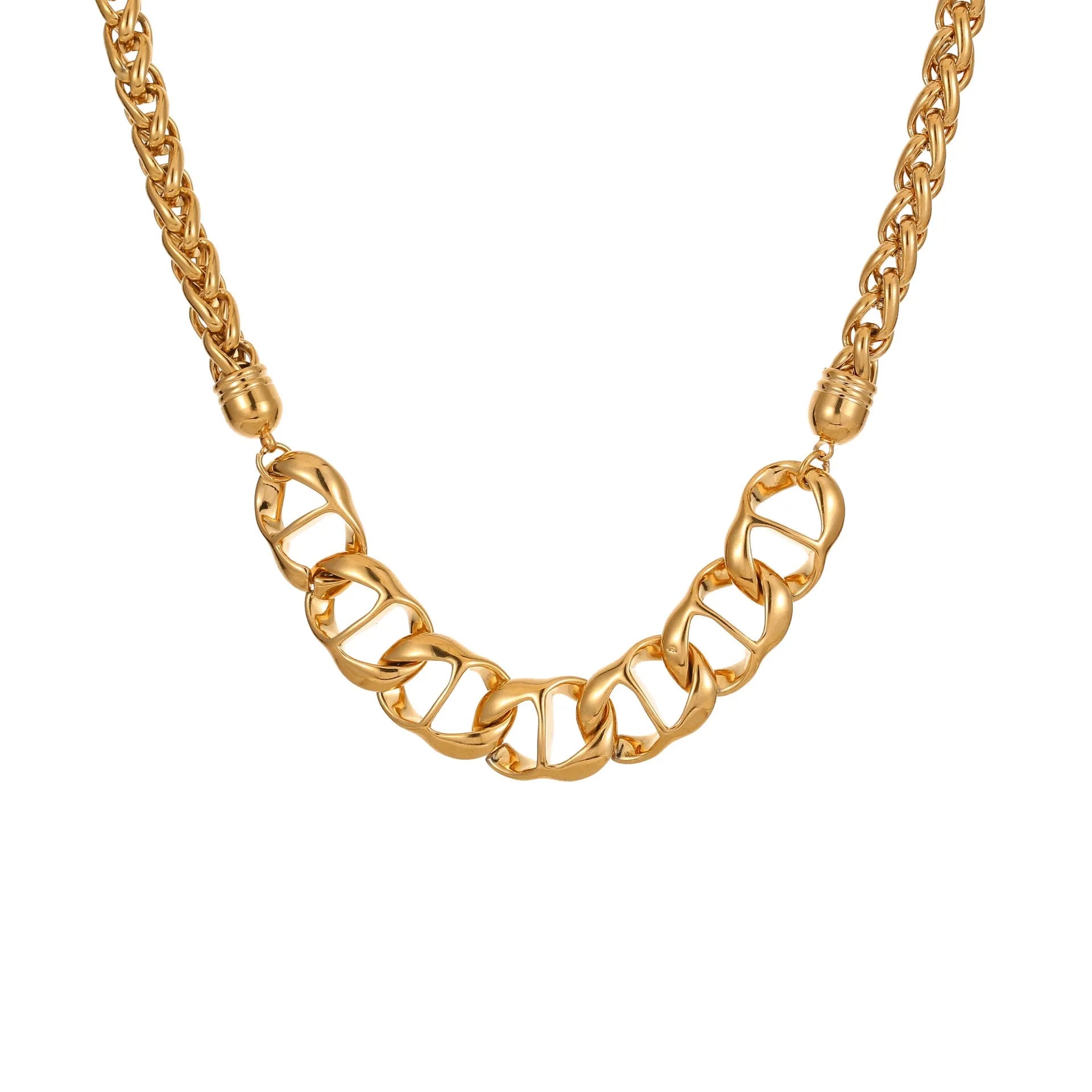 Stainless steel geometric pendant necklace with gold electroplated finish on a regular chain.