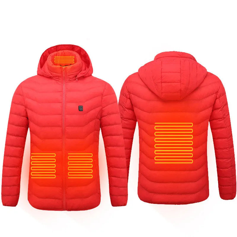 Winter heated jacket with USB carbon fibre heating, removable hood, available in black, blue, and red colours