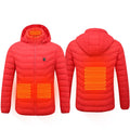 Winter heated jacket with USB carbon fibre heating, removable hood, available in black, blue, and red colours