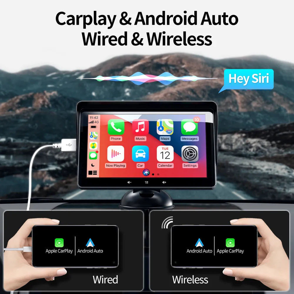 7-inch universal wireless CarPlay display screen with suction cup mount and cigarette lighter power cable.