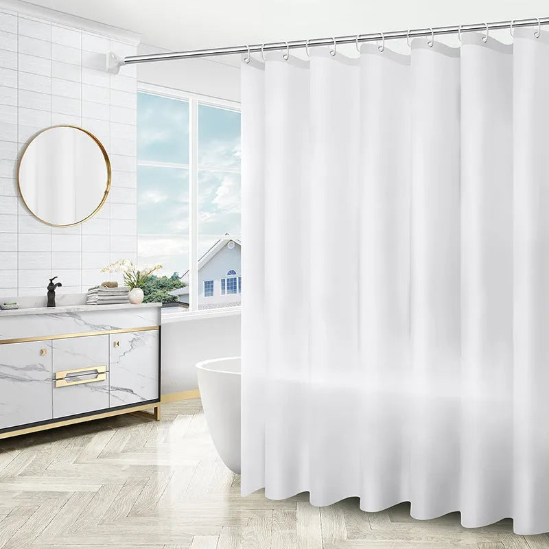 PEVA shower curtain with stainless steel buttonholes in simple modern geometric pattern, multiple colour options