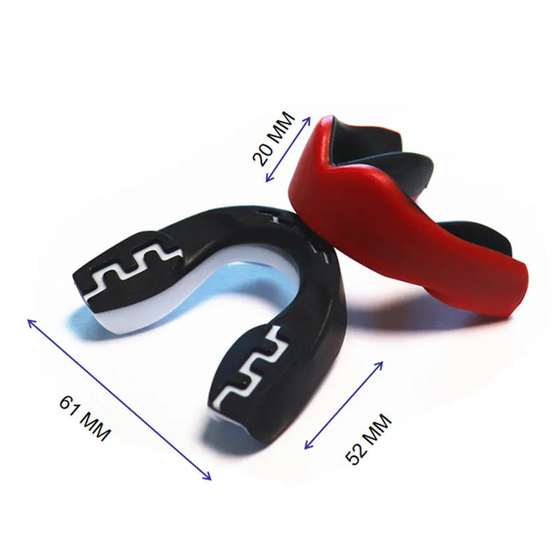 Adult boxing mouthguard with printed teeth design in choice of colours, shown with protective case.