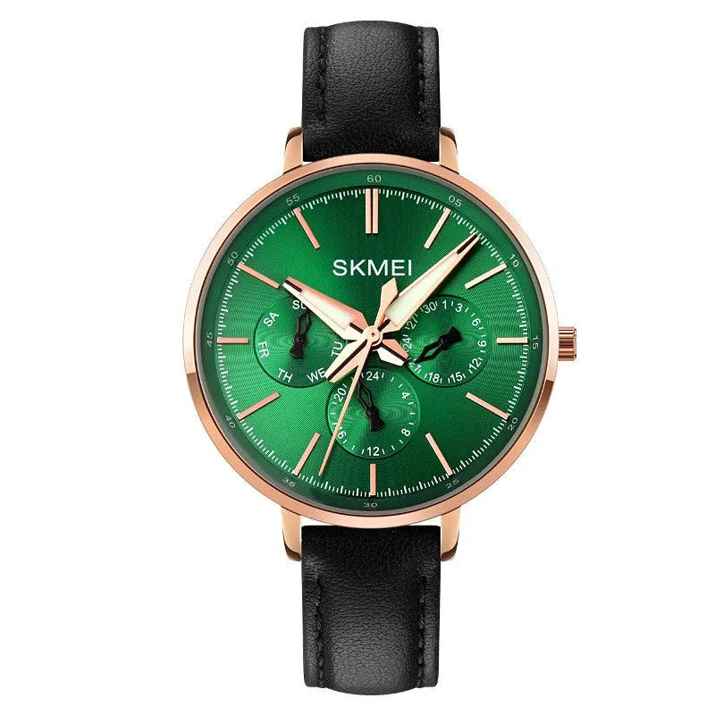 Women's retro round quartz watch with genuine leather strap, rose gold case, black strap, 38mm dial