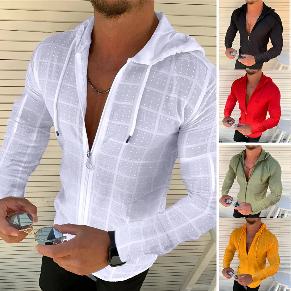 Long sleeve slim hooded T-shirt in check pattern, Black colour option, front view