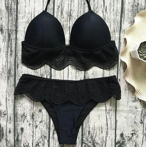 Miller Swimsuit in black or white low waist and high waist options, sizes S to XL with cm size chart
