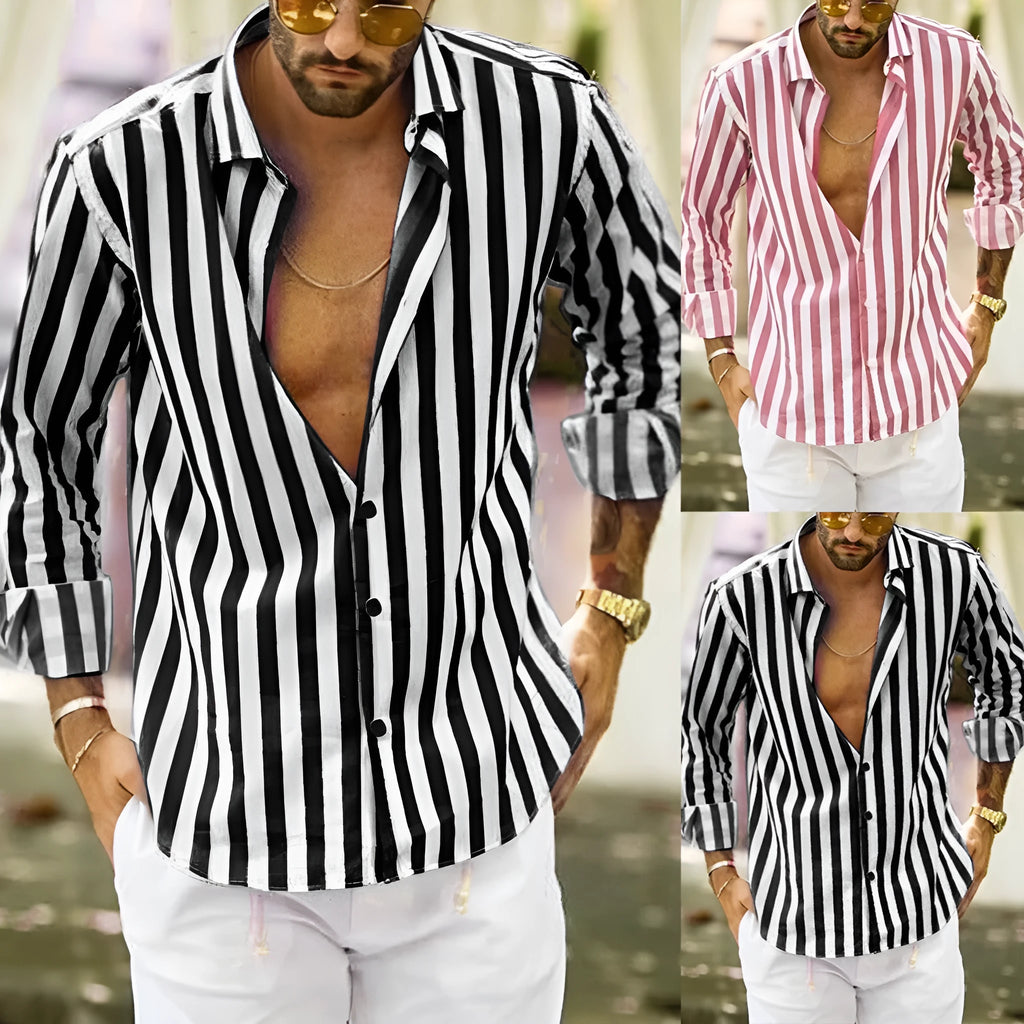 Men's long sleeve striped shirt in blue, made from hemp blend polyester with four-way stretch fabric