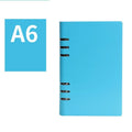 Loose-leaf business notebook with imitation leather cover in five colour options, showing A5, A6, and B5 sizes.