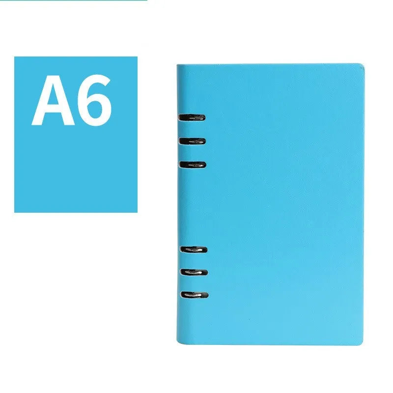 Loose-leaf business notebook with imitation leather cover in five colour options, showing A5, A6, and B5 sizes.