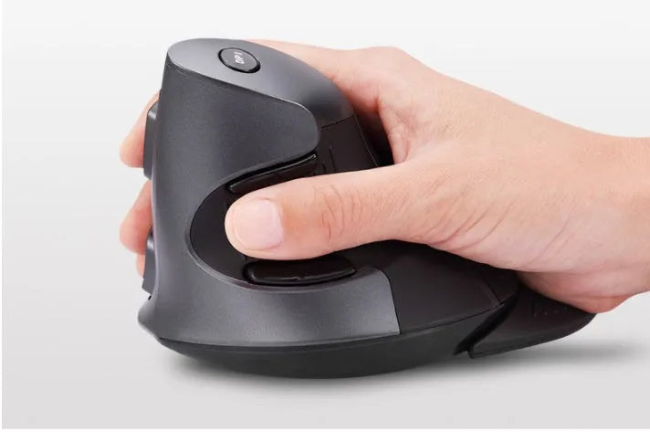 Black M618 wireless vertical ergonomic mouse with USB receiver on a desk mat