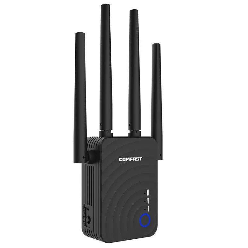 Dual-band AC1200 wireless relay router with four 3dBi antennas, four RJ-45 ports, black or white