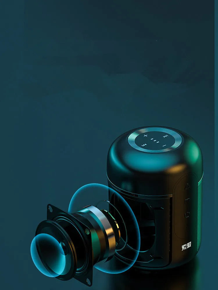Black portable Bluetooth speaker with plastic cabinet, measuring 72mm by 99mm