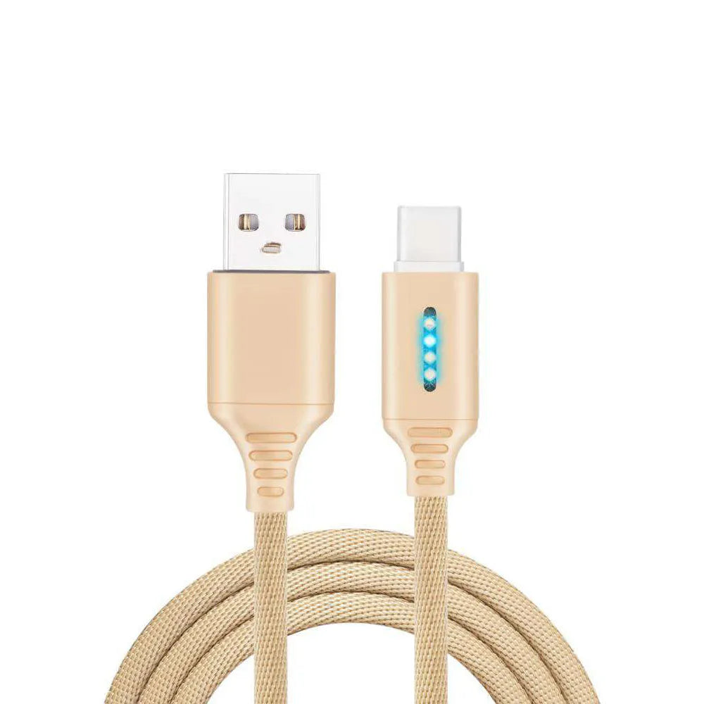 Fabric braided USB charging cable, 1 metre long, with connectors for phone and USB port.