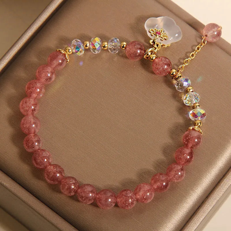 Women's natural strawberry quartz and white agate crystal bracelet with auspicious clouds detailing
