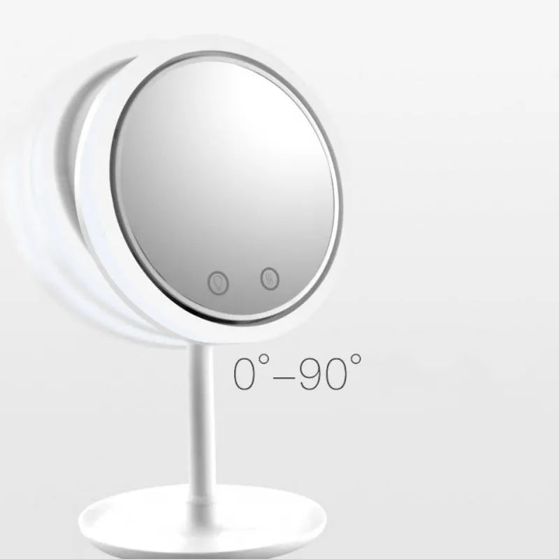 White ABS folding fan LED light makeup mirror with rotating table and five-fold design
