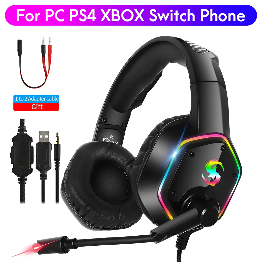Black wired RGB gaming headset with 3.5mm straight plug, microphone, and head-mounted design