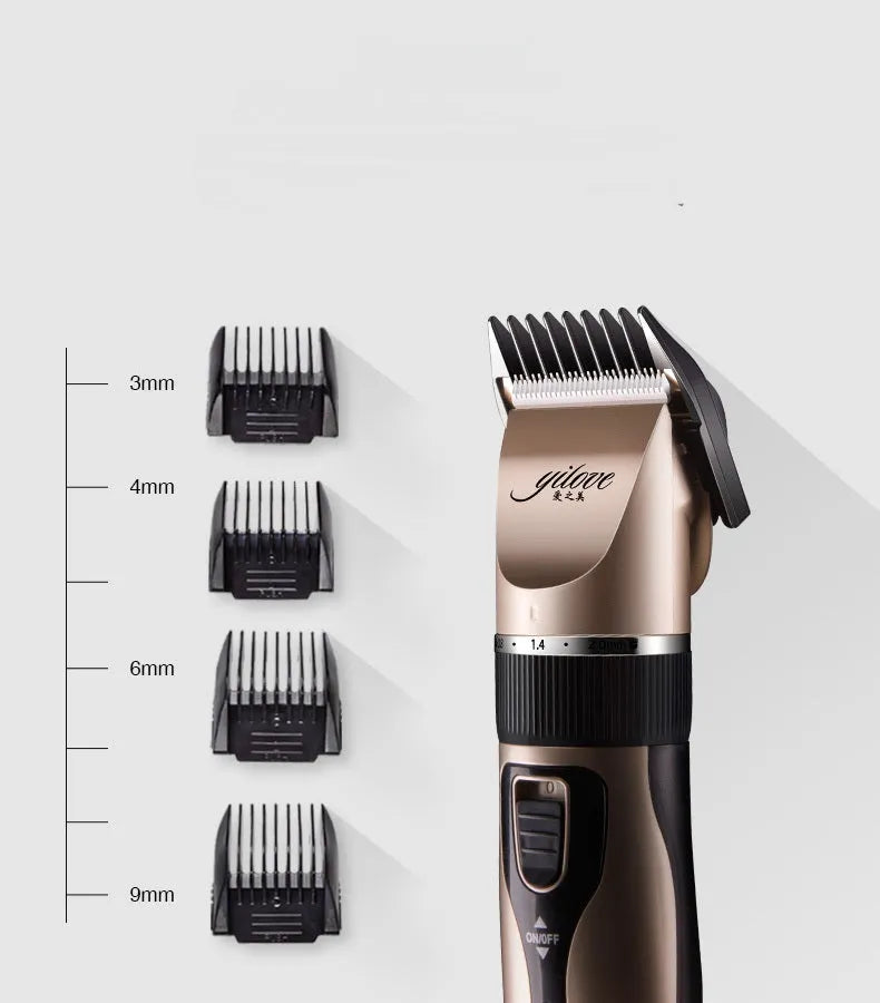 Golden professional cordless pet grooming clipper kit with ceramic titanium blade, four guide combs, nail clippers, and file on a table