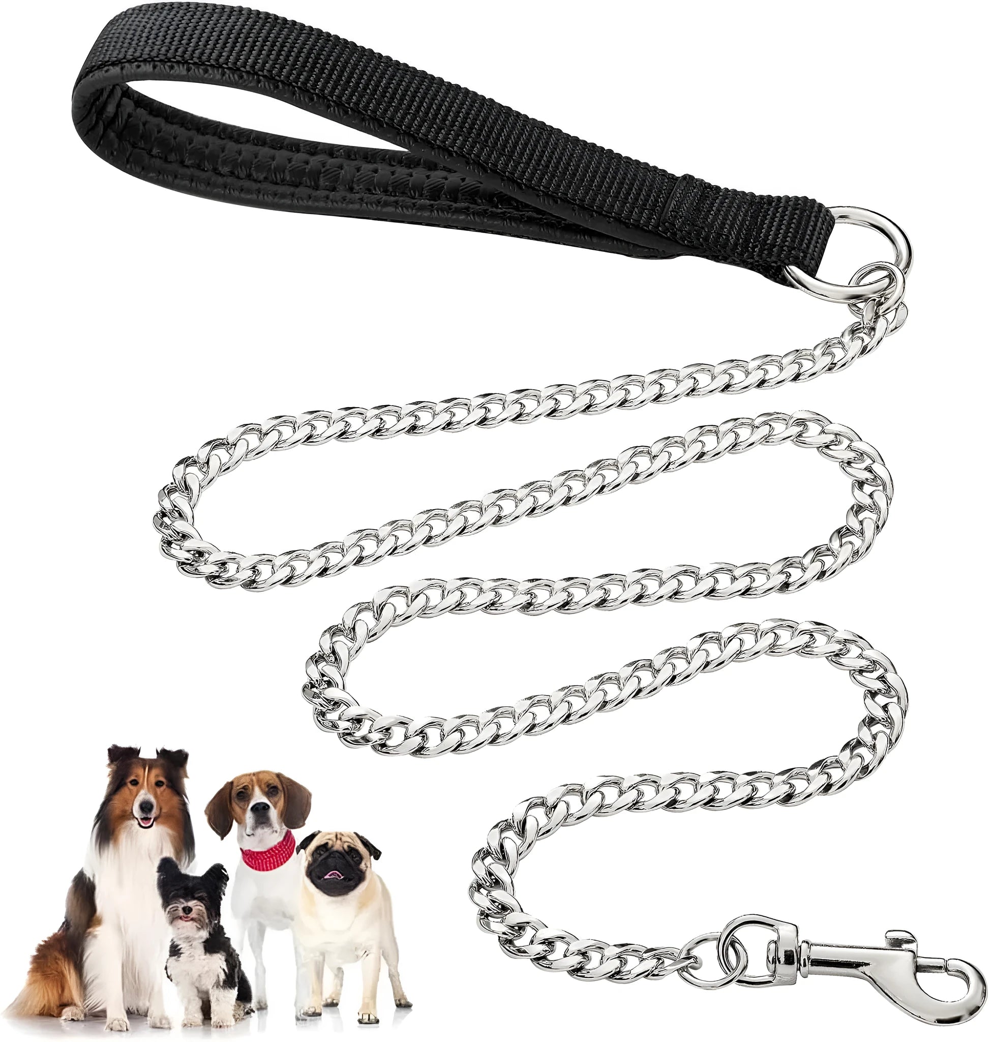 Heavy-duty metal chain dog leash with a soft black padded handle, shown with a red colour option.
