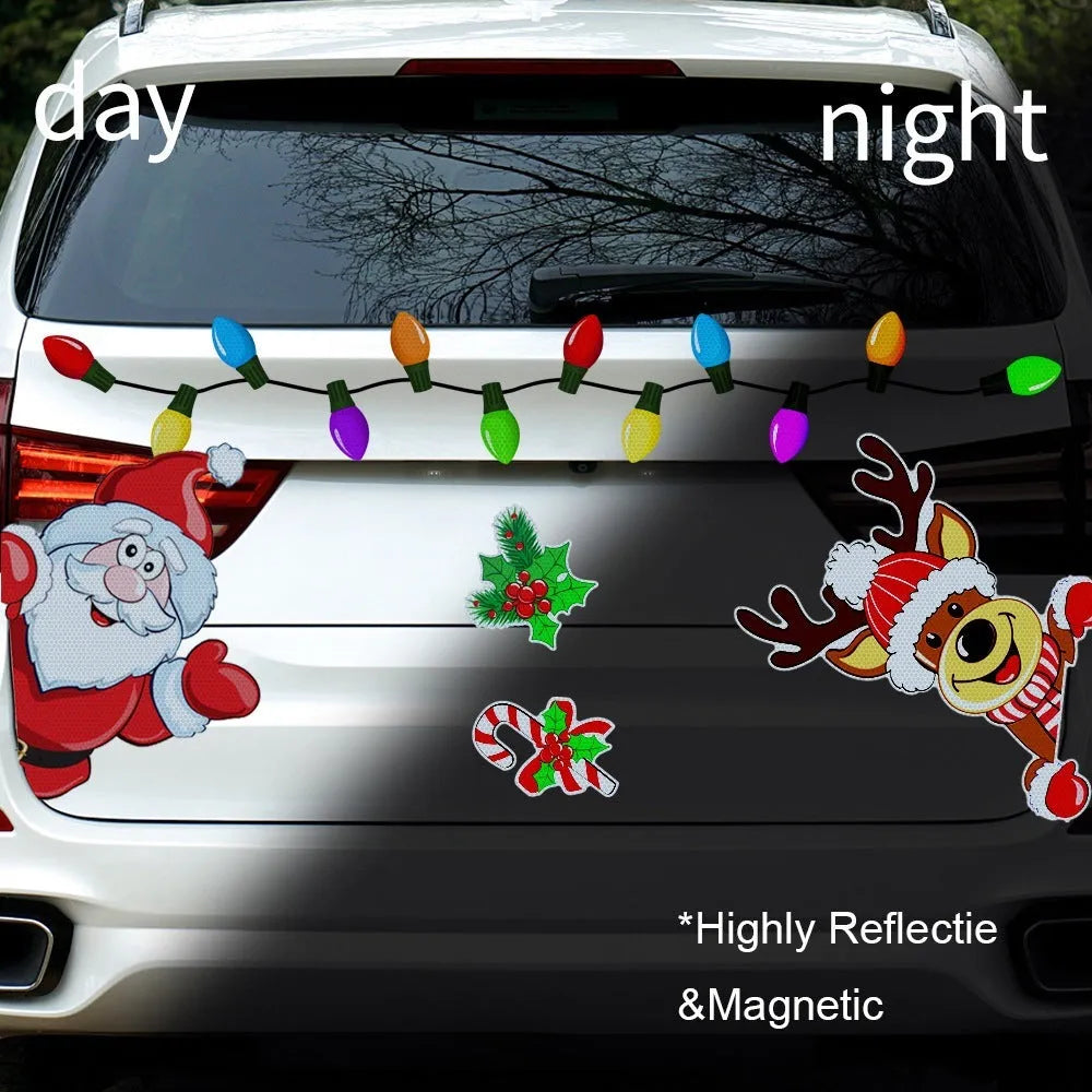 Cartoon-style Christmas elk reflective magnetic sticker on a metal surface