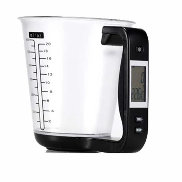 Green electronic kitchen scale measuring cup with LCD display in handle