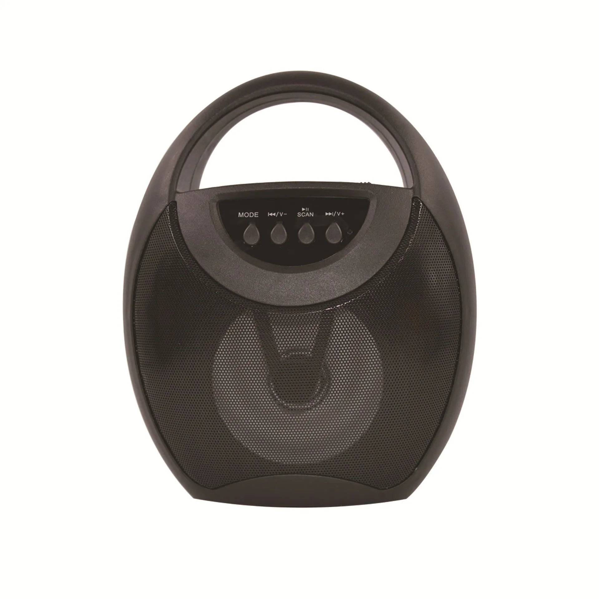 Portable Bluetooth speaker in black plastic casing with USB port and control buttons