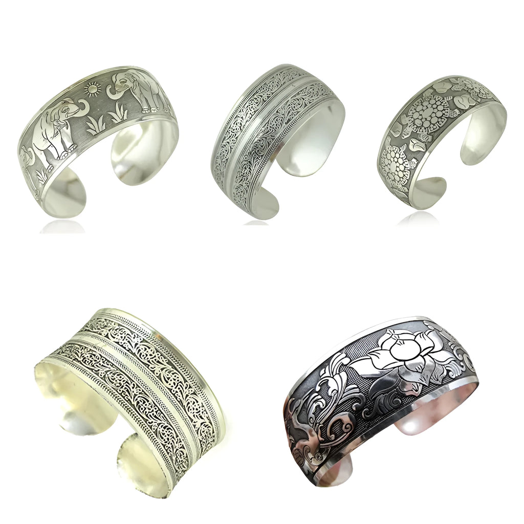 Ethnic carved open Miao silver bracelet with Roman shape in turtle colour option showing detailed openwork carving