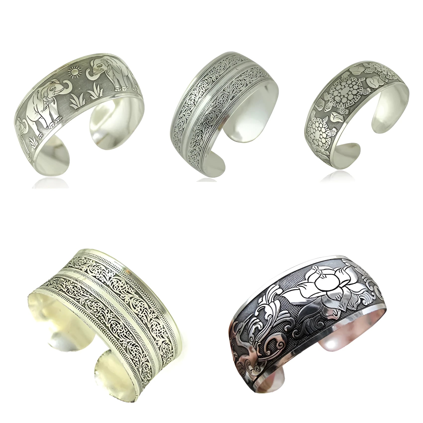 Ethnic carved open Miao silver bracelet with Roman shape in turtle colour option showing detailed openwork carving