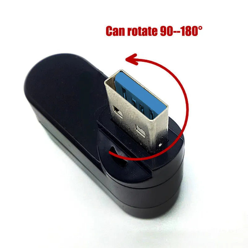 Black USB hub with four ports on a rotating white base, showing dimensions 15.5cm long.