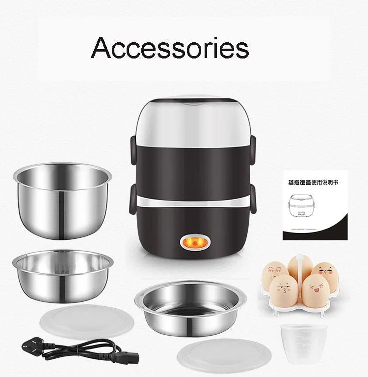 White electric lunch box with USB cable plugged in, showing two-layer food compartments