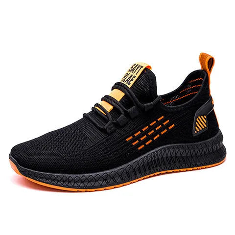 Men's black casual sports shoes with flying three bars stripe pattern and cross strap details on a white background.