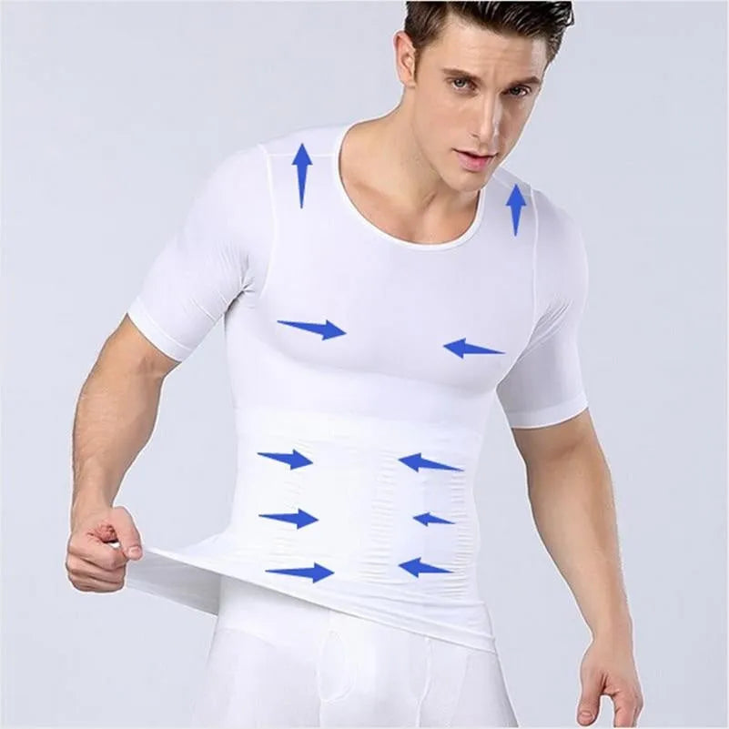 Men's nylon chest compression T-shirt, round neck, hip length, blue black white, sizes M to XXL