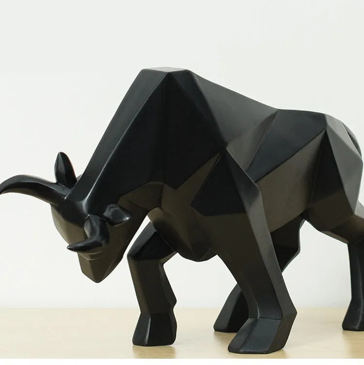 Black geometric resin bull sculpture, abstract bison statue about 35cm long for office or home decor
