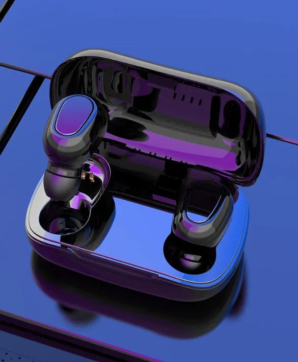 Sports mini in-ear Bluetooth 5.0 headphones in black with 8mm copper ring speaker and charging chamber