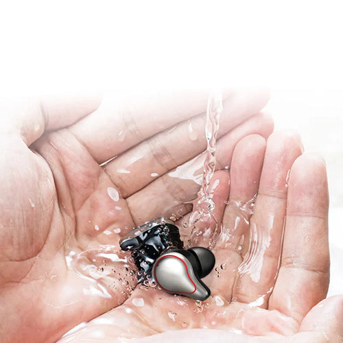 Black and blue in-ear Bluetooth headset with bilateral stereo earpieces for hands-free use.
