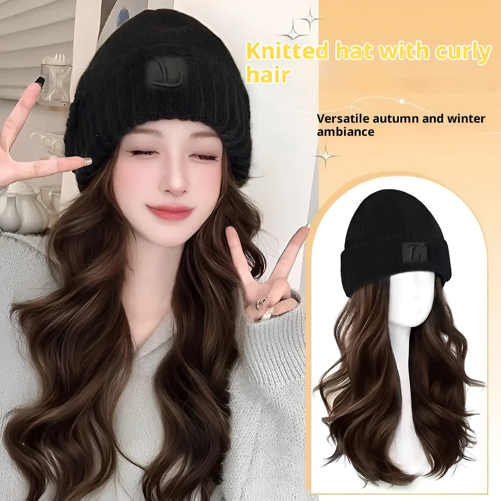 Hat wig for women with big wave full-head curls in protein filament natural style