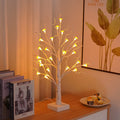 60cm tall white plastic birch tree lamp with small mushroom flowers and warm white LED light.