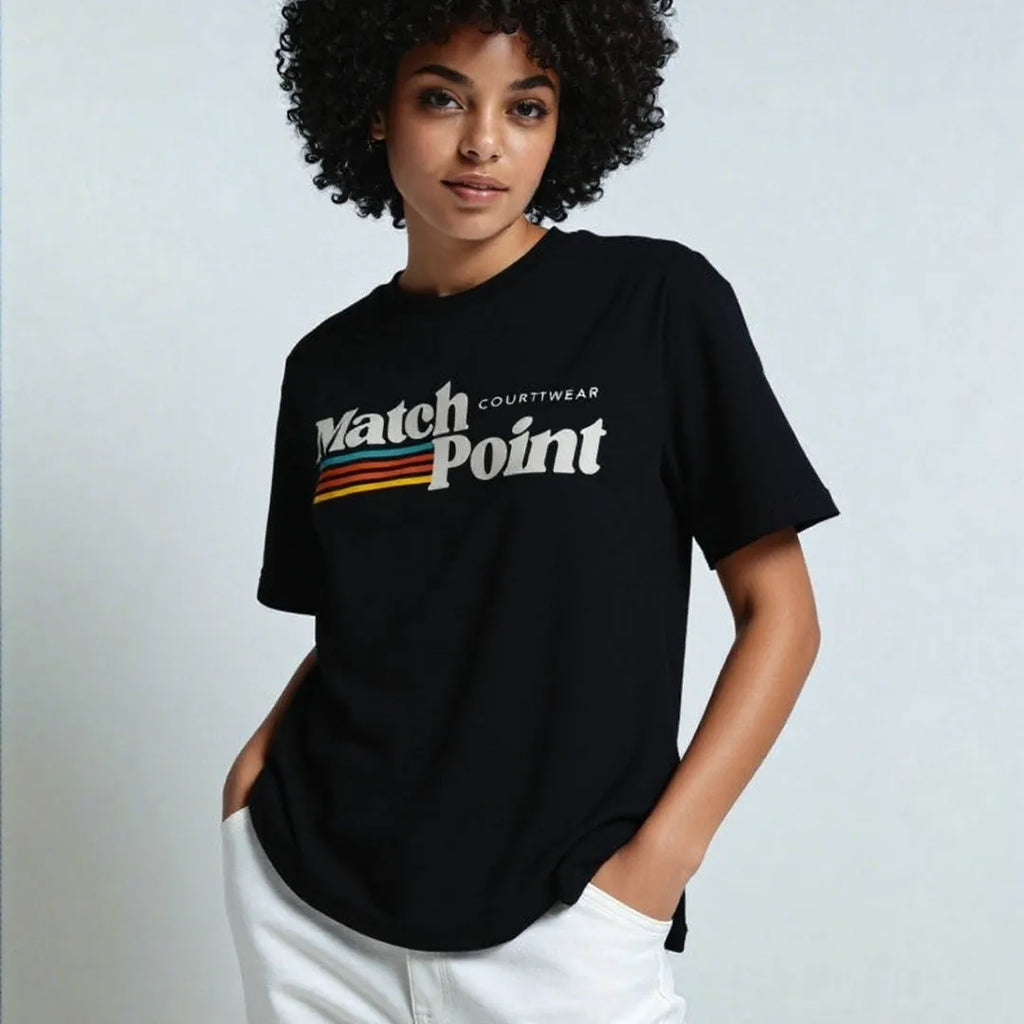 Black men's t-shirt with a colourful 3D digital print on the front, showing a regular fit and short sleeves.