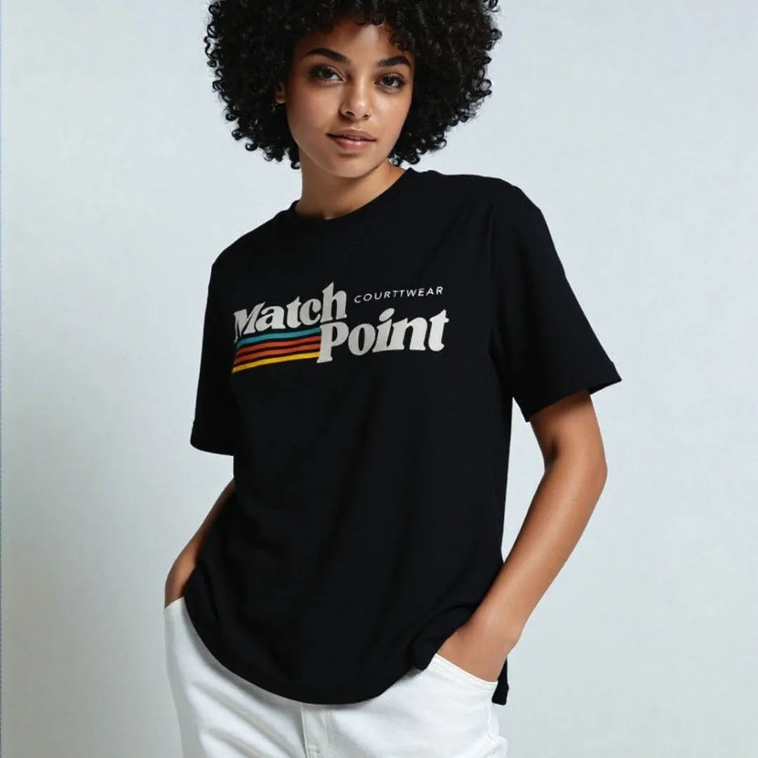 Black men's t-shirt with a colourful 3D digital print on the front, showing a regular fit and short sleeves.