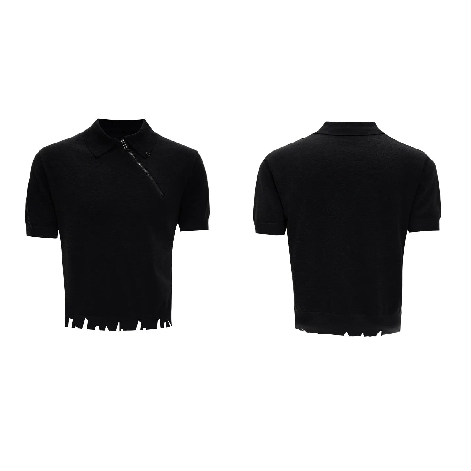 Men's slim-fit knitted polo shirt with ice-feel fabric and oblique zipper lapel collar in solid colour